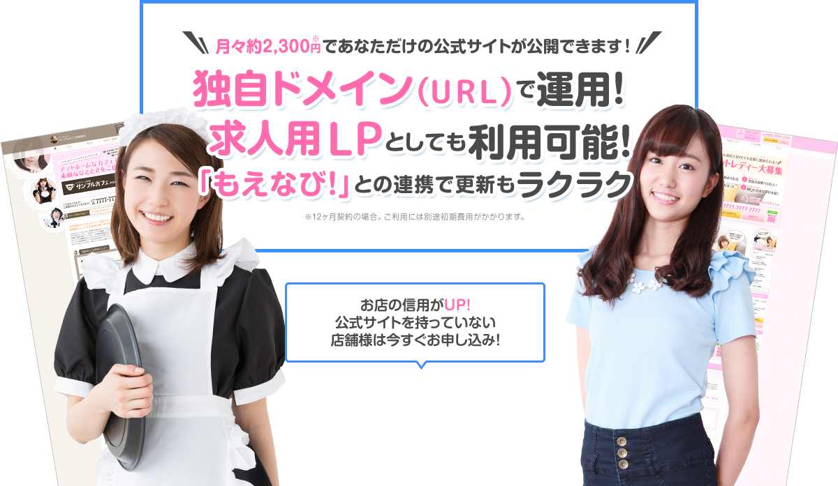 月々2,300円であなただけの公式サイトが公開できます！独自ドメイン（URL）で運用！求人用LPとしても利用可能！「もえなび！」との連携で更新もラクラク